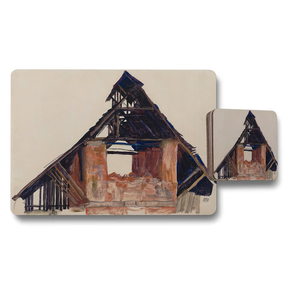Placemat And Coaster Set With Rustic House Artwork