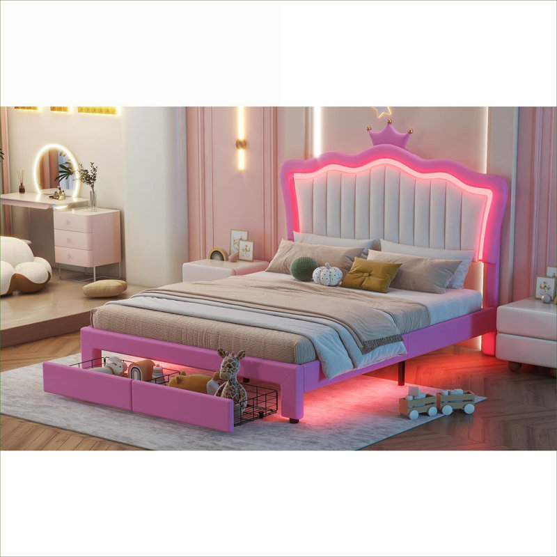 Lit plateforme tapissier en similicuir, lit double Princess avec lumières DEL et tiroirs de rangement, rose et blanc doux