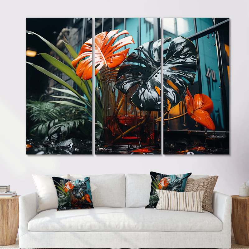 Art mural moderne orange et vert tropical II - Collages abstraits, Toile tendue, H 32 po x l 48 po x P 1 po