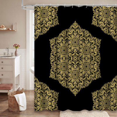 Golden Black Classic Ornament Seamless Shower Curtain with 12 Hooks