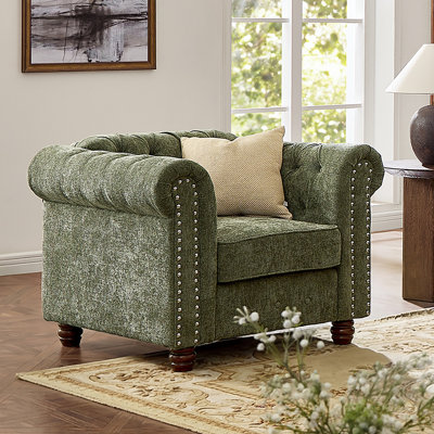 Abdulhameed Chenille Chesterfield Accent Chair, Upholstery Armchair with Rolled Arm and Nailhead Trim