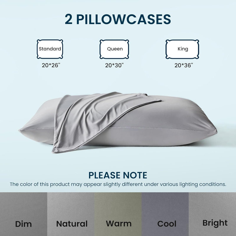SLEEP ZONE Nanotex Cooling Pillowcases - 2 Pack, Silky Pillow Cases for Hair and Skin, Breathable Bedding for Summer and Hot Sleepers, Zippered Pillow Covers(Grey, King)