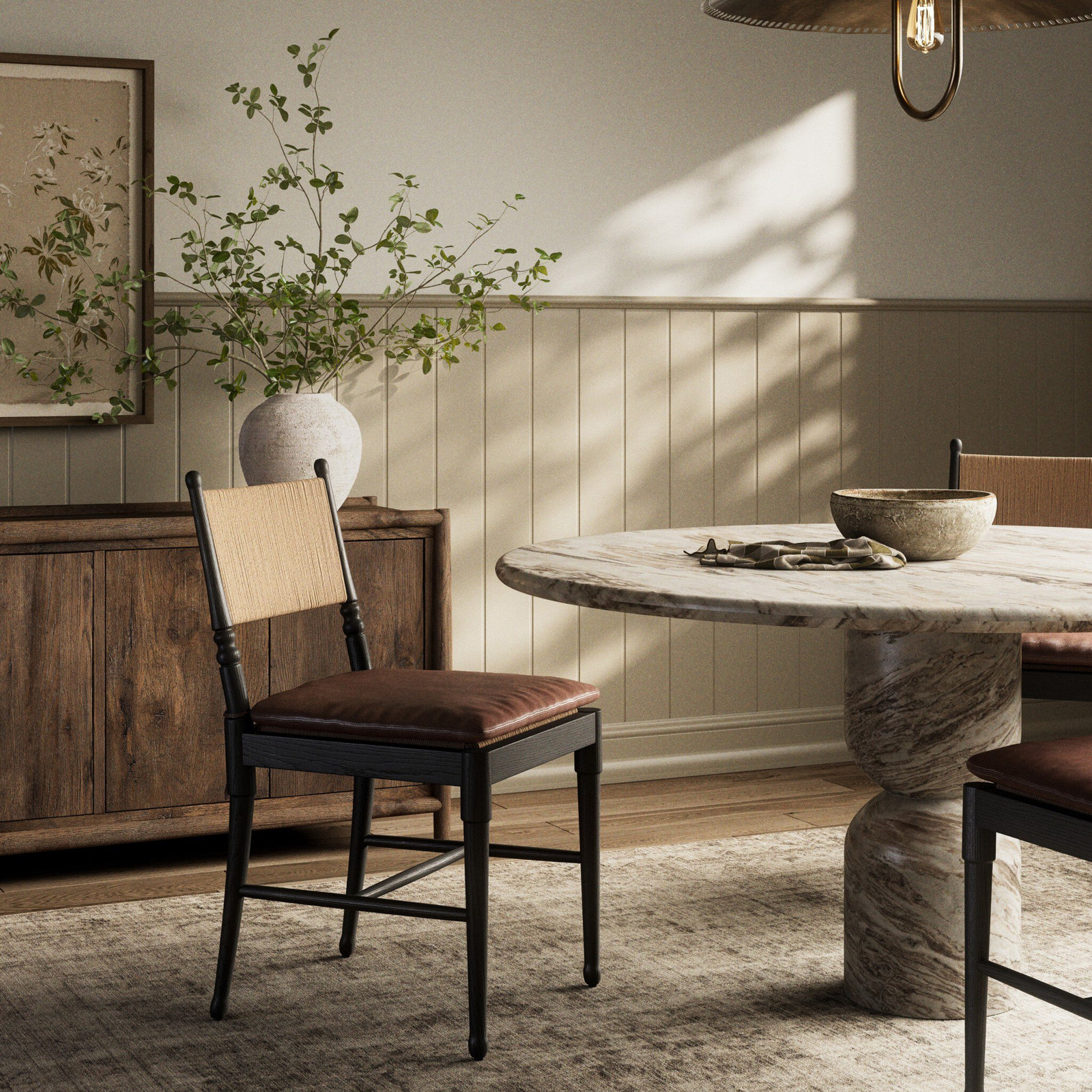 Fayth Dining Chair with Cushion, Mahogany Genuine Leather, Stained Black Ash