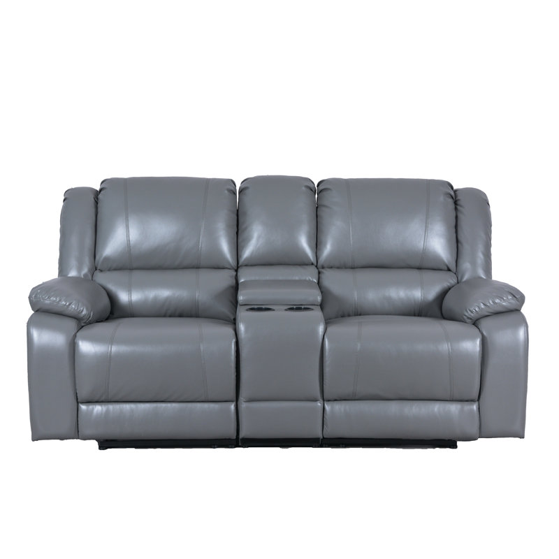 Causeuse inclinable de 72 po de largeur en similicuir avec rangement et porte-gobelets, Grey