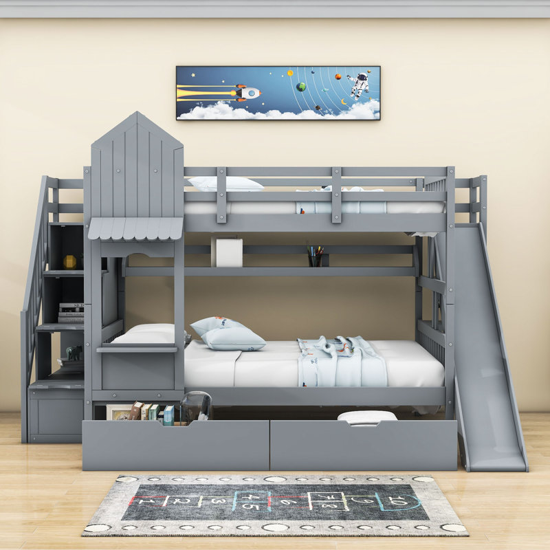 Lit superposé en bois avec tablettes et glissière Jahmya, Double sur double, gris