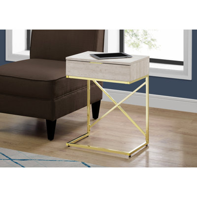 Table d'appoint, côté, bout, table de chevet, lampe, tiroir de rangement, salon, chambre à coucher, stratifié d'aspect marbre beige, métal doré, contemporain, moderne