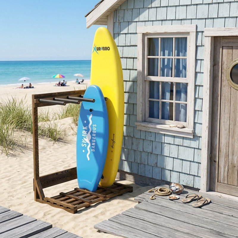 Support de rangement autoportant pour planche de surf et SUP - 4 planches verticales en bois pour Wakeboard, Snowboard et Paddleboard