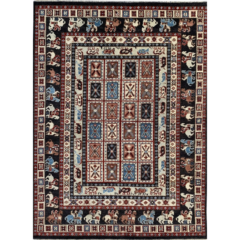 Tapis brun traditionnel en laine noué à la main avec détails équestres, 8 pi x 10 pi