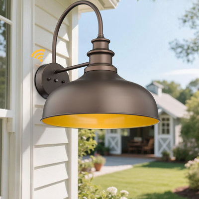 16 Inch Dome Large Dusk To Dawn Sensor Outdoor Barn Light Farmhouse Outdoor Wall Sconce (Oil Rubbed Bronze+Gold, 16” Dome-1Pack)