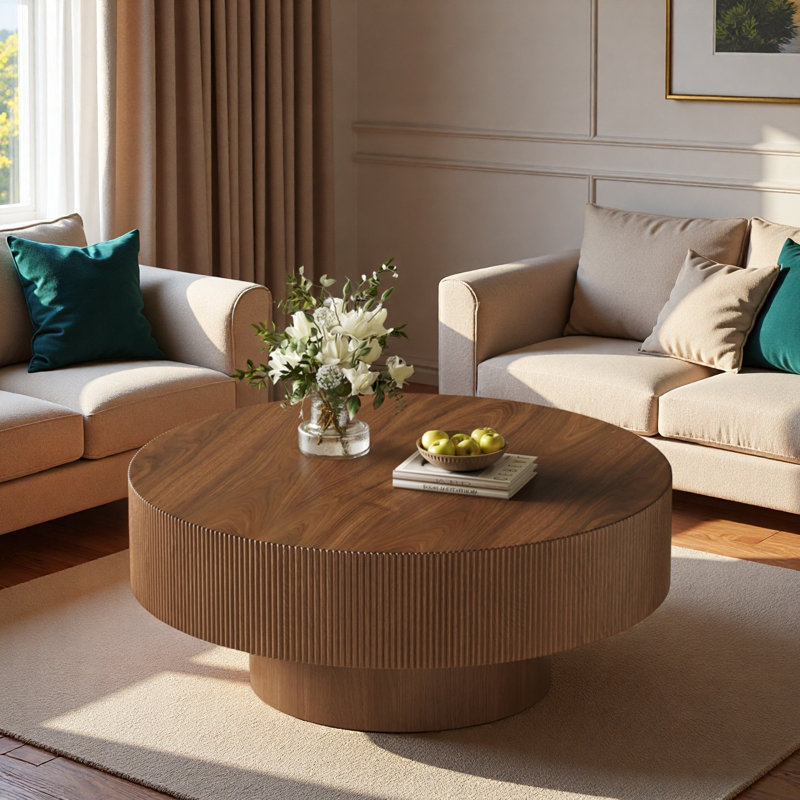 Round Coffee Table With Edge Grooves, Thick Tabletop And Cylindrical Base