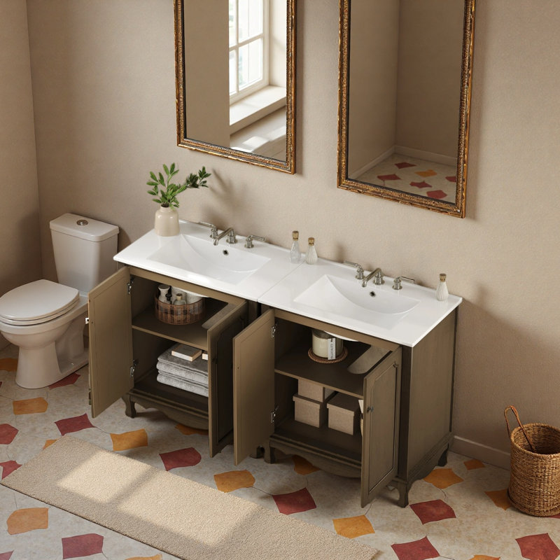 Ensemble de meuble-lavabo double 60 po, armoire de salle de bain rétro avec deux lavabos en céramique séparés et boutons antiques, armoire de rangement avec pieds en bois d'hévéa et tablettes réglables