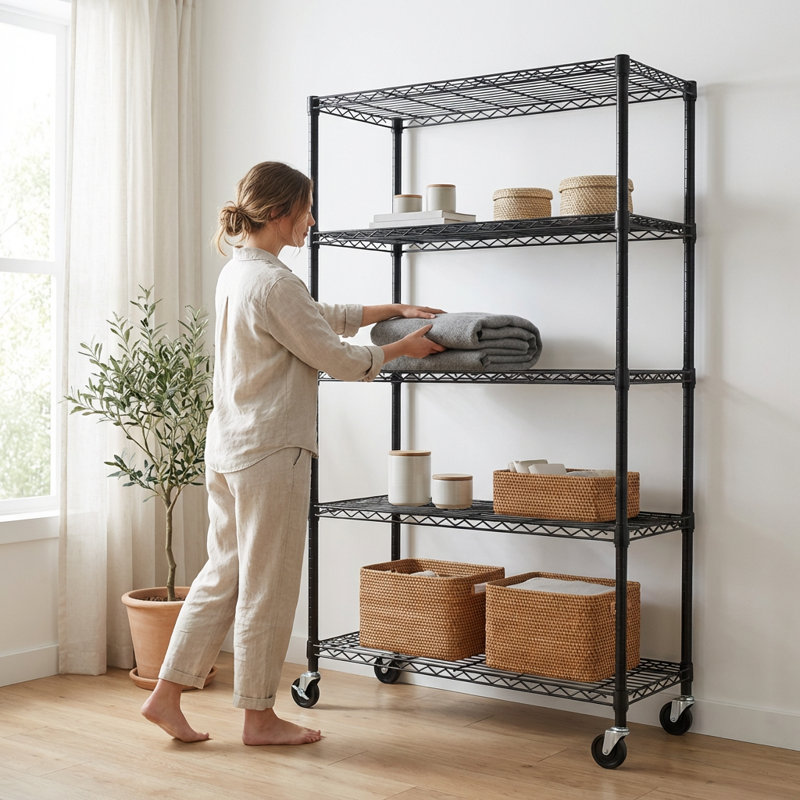 Support de rangement réglable en métal robuste à cinq tablettes avec roulettes pour le garage, le garde-manger et l'organisation de la cuisine