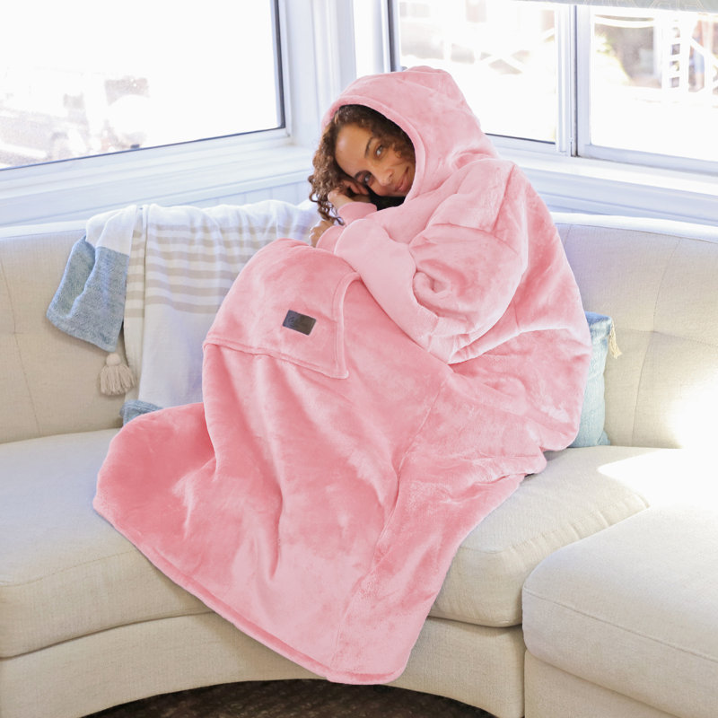 Couvre-lit à capuchon pour tout le corps, très long surdimensionné confortable en sherpa, Rose, Couleur unie