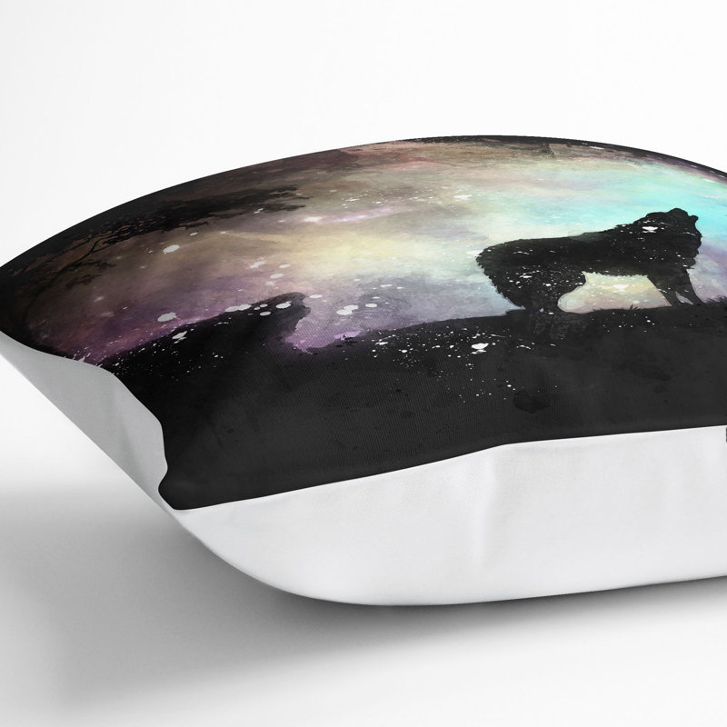 Howling Wolf with a Galaxy Forest Paint Splash Cushion with Filling, White, 55cm H x 55cm W x 20cm D