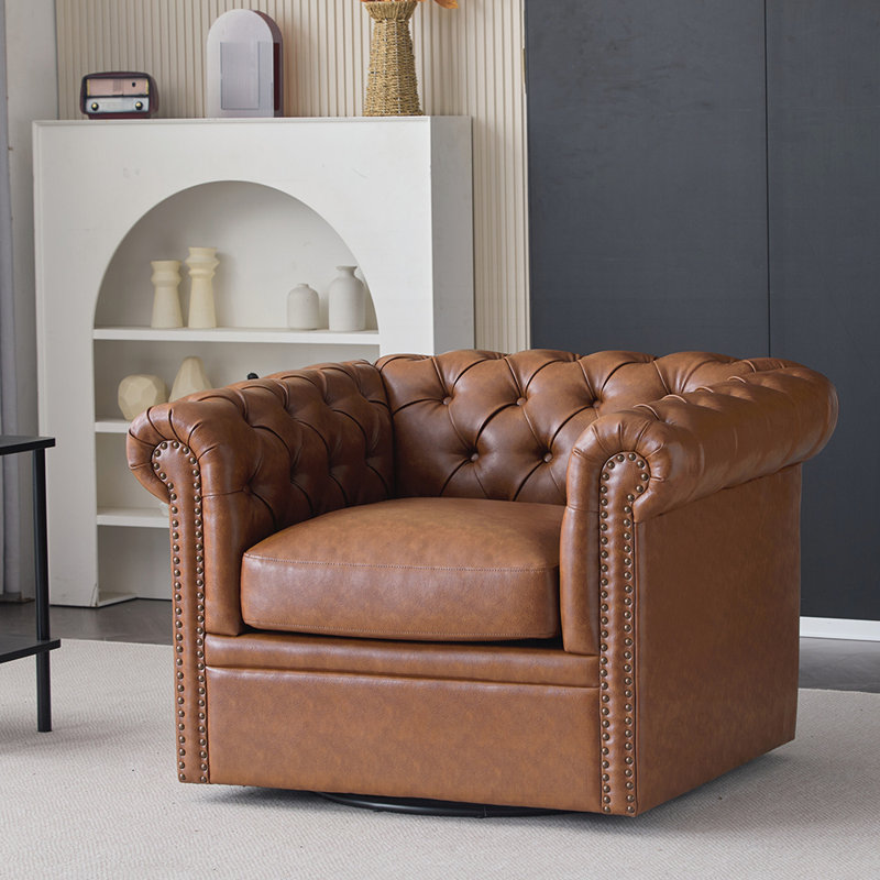 Lawrence Chesterfield Upholstered Swivel Club Chair, Brown Faux Leather