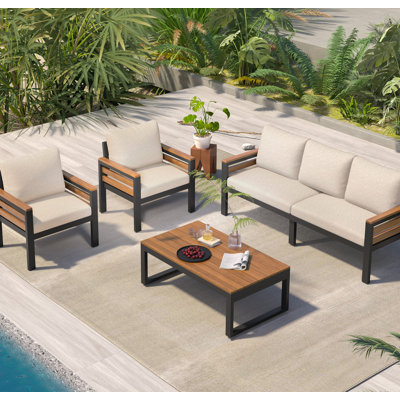 Old Sku: N704g201246a Go 4-piece Outdoor Furniture Sofa Set For 5 People With Acacia Wood Armrests, Patio Conversation Set With Removable Cushion And Solid Wood Coffee Table For Garden