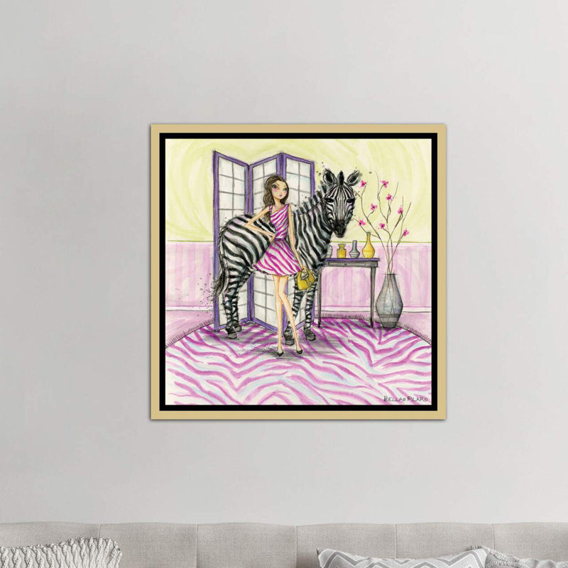 Zoe et zèbre art, Toile encadrée d'or, H 18 po x l 18 po x P 1,5 po