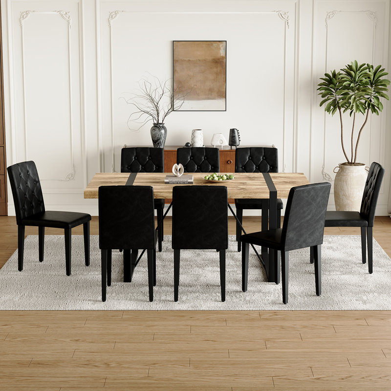 Modern Rectangular Dining Table Set For 8| 71″ Wood & Metal Table With Chairs, Black, Dark Wood, 9 Pieces: Table, 8 Chairs