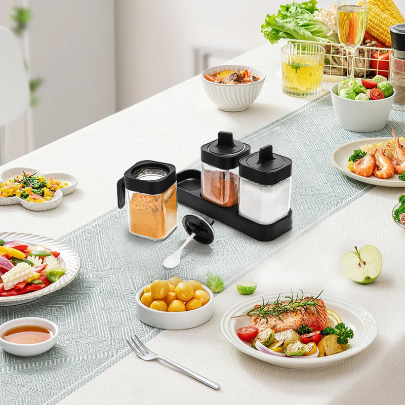 Ensemble de 3 pots à condiments avec plateau, contenant à épices 13,5 oz avec couvercles et cuillères, ensembles de contenants en verre pour le sel et le sucre, boîte d'assaisonnement pour le sel et le poivre