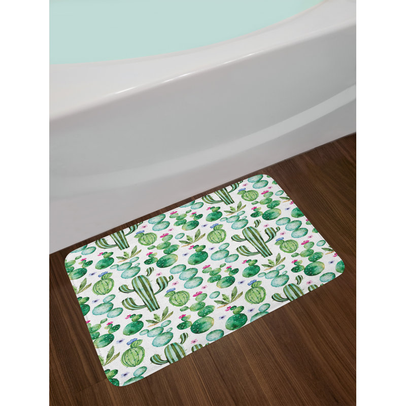 Green and White Cactus Print High Pile Bath Mat