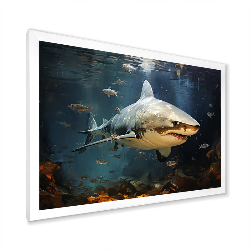 Underwater Shark Attack II - Sharkwall Art, 12" H x 20" W x 1" D, White Closed Corner Framed