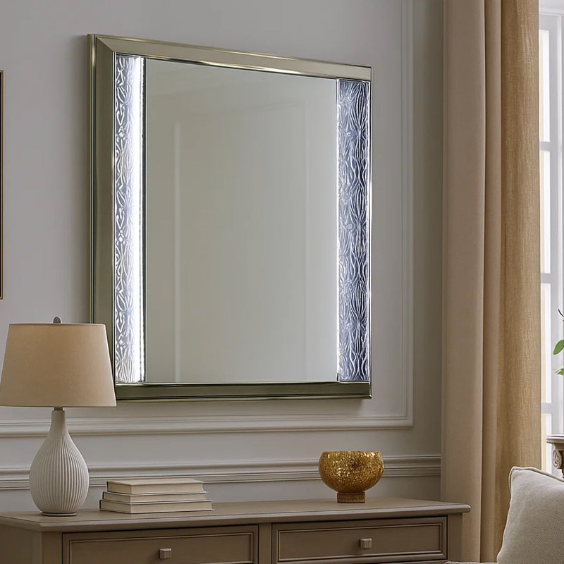Levi Dresser Mirror, 38 Inch, Leaf Pattern Moulding W LED, Dark Grey Wood