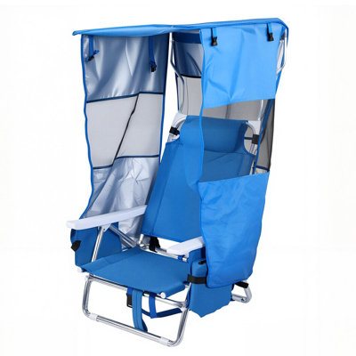 Chaise de plage avec sac à dos avec auvent, chaise longue de plage pliante portative inclinable à 5 positions avec appui-tête, poche pour glacière et porte-gobelet, chaise d'extérieur légère pour la plage, la pêche et les voyages (2 PAQUETS)