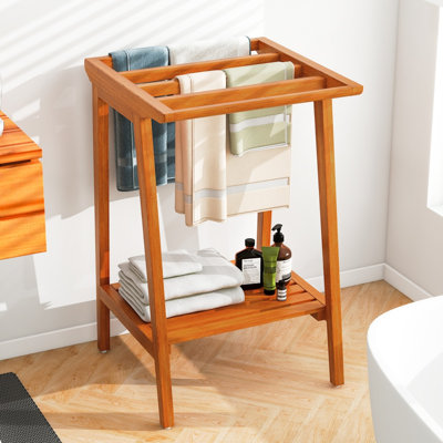 Porte-serviettes sur pied avec 5 barres transversales et tablette de rangement, bois de teck