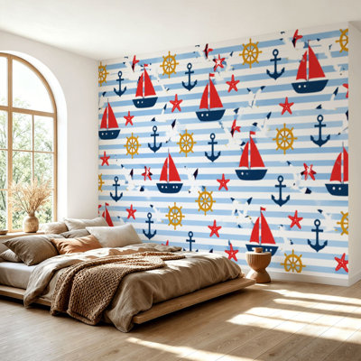 Papier peint adhésif autocollant pour bateau, volant, ancres, mouettes, papier autocollant amovible, décoration murale pour salon, chambre à coucher H 69 po x l 96 po