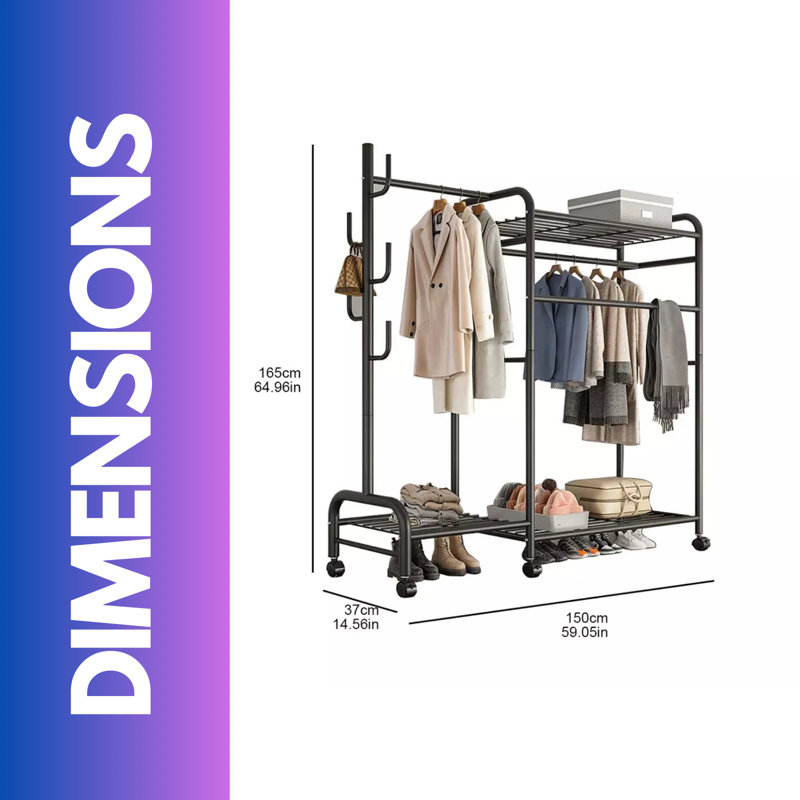 Anbar Heavy Duty Metal Clothes Rail Open Wardrobe With Storage Shelves