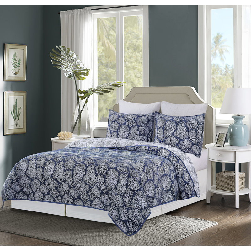 Coral Jacquard Reversible Quilt Set, Dark Blue, King Quilt + 2 King Shams