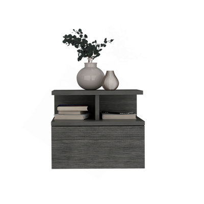 Floating Nightstand 12"H, Wall Mounted With Single Drawer And 2-Tier Shelf, Smokey Oak by George Oliver