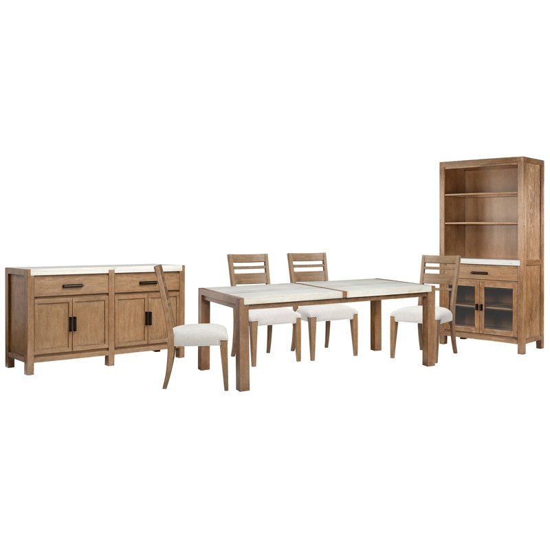 Rectangular Dining Table With 4 Side Chairs Server And Display Cabinet, 7Pcs:Table,Cabinet,Sideboard,4Chairs