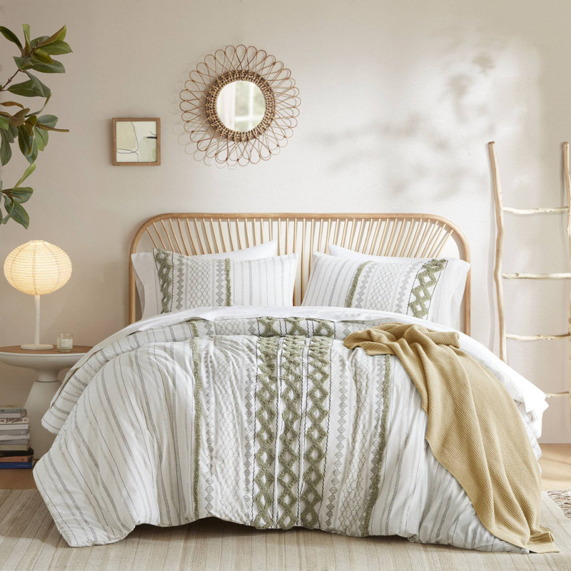 Imani Cotton Printed Comforter Set, Sage/Ivory, King Comforter + 2 King Shams