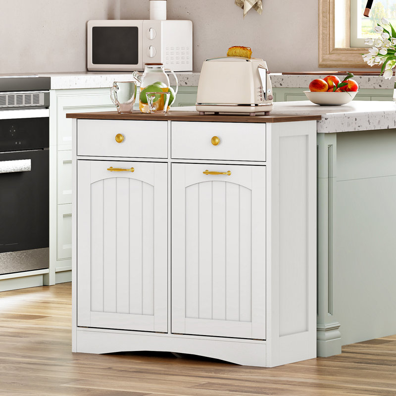Armoire à double poubelle avec 2 tiroirs, rangement pour poubelle inclinable, armoire pour îlot de cuisine autoportant avec portes rabattables