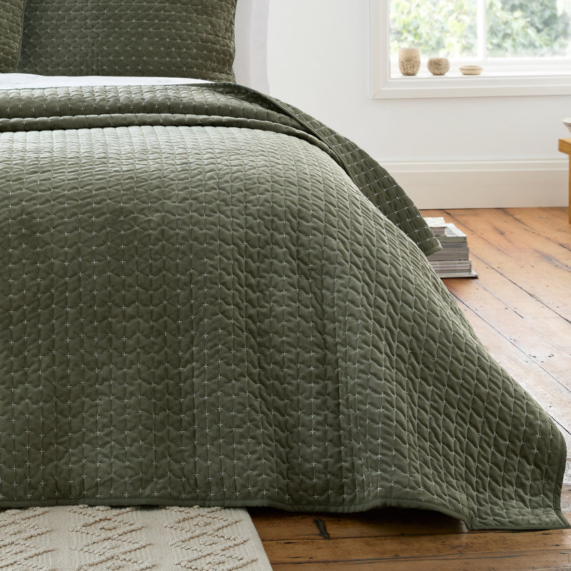 Attica Velvet Embroidered Bedspread, Green