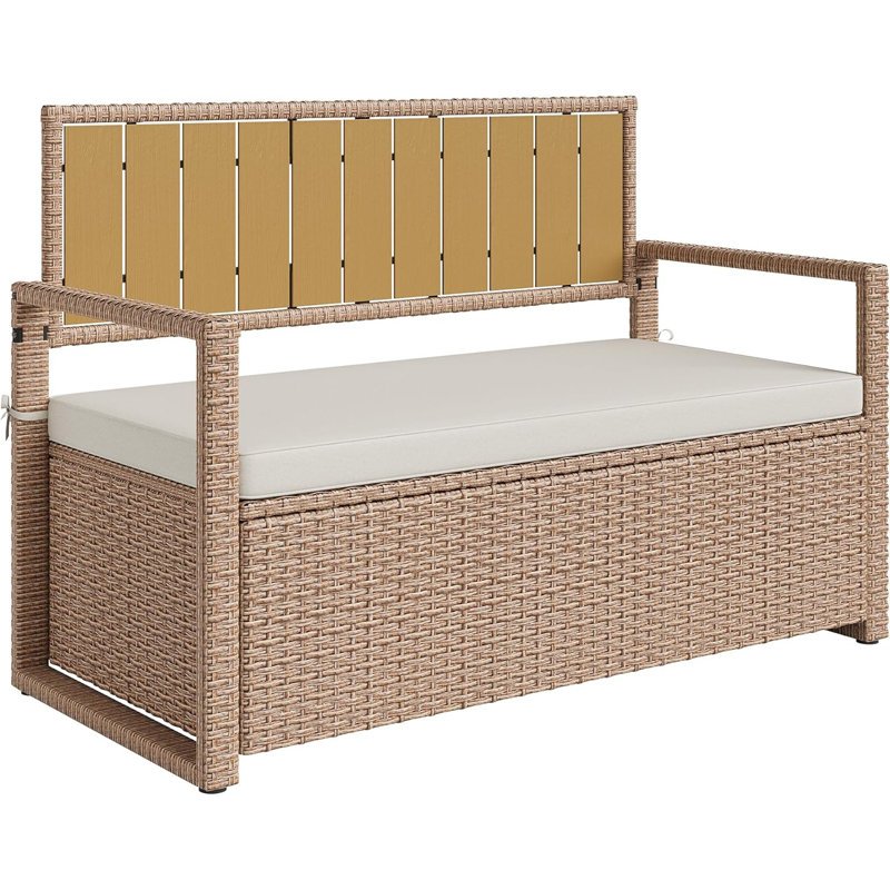 Outdoor Storage Bench with Cushion, 2-Seater PE Rattan Storage Box with Backrest & Armrests, 75 Gallon, Yellow