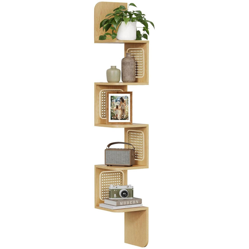 5-Tier Corner Shelf, Wall Mounted Floating Shelf, Zigzag Corner Shelf Unit, PVC Rattan Sides, Space-Saving, Oak Beige