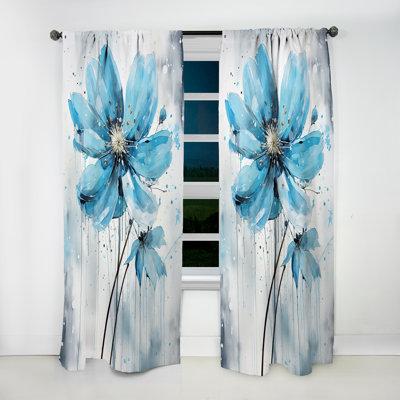 Blue Minimalism Poppy Flower II - Flower Curtain - Velvet Room Darkening - 1 Panel