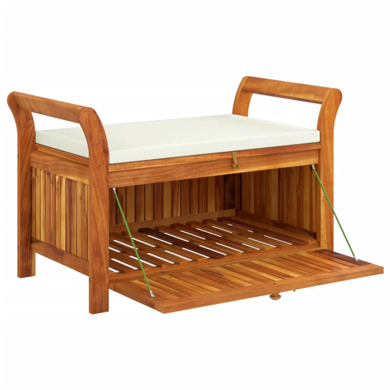 Banc de rangement de jardin vidaXL, bois d'acacia massif, coussin blanc inclus, design extérieur classique, sièges de patio et de jardin, 35,8 po x 19,7 po x 23,6 po, organisateur de patio et de terrasse, mobilier en bois durable