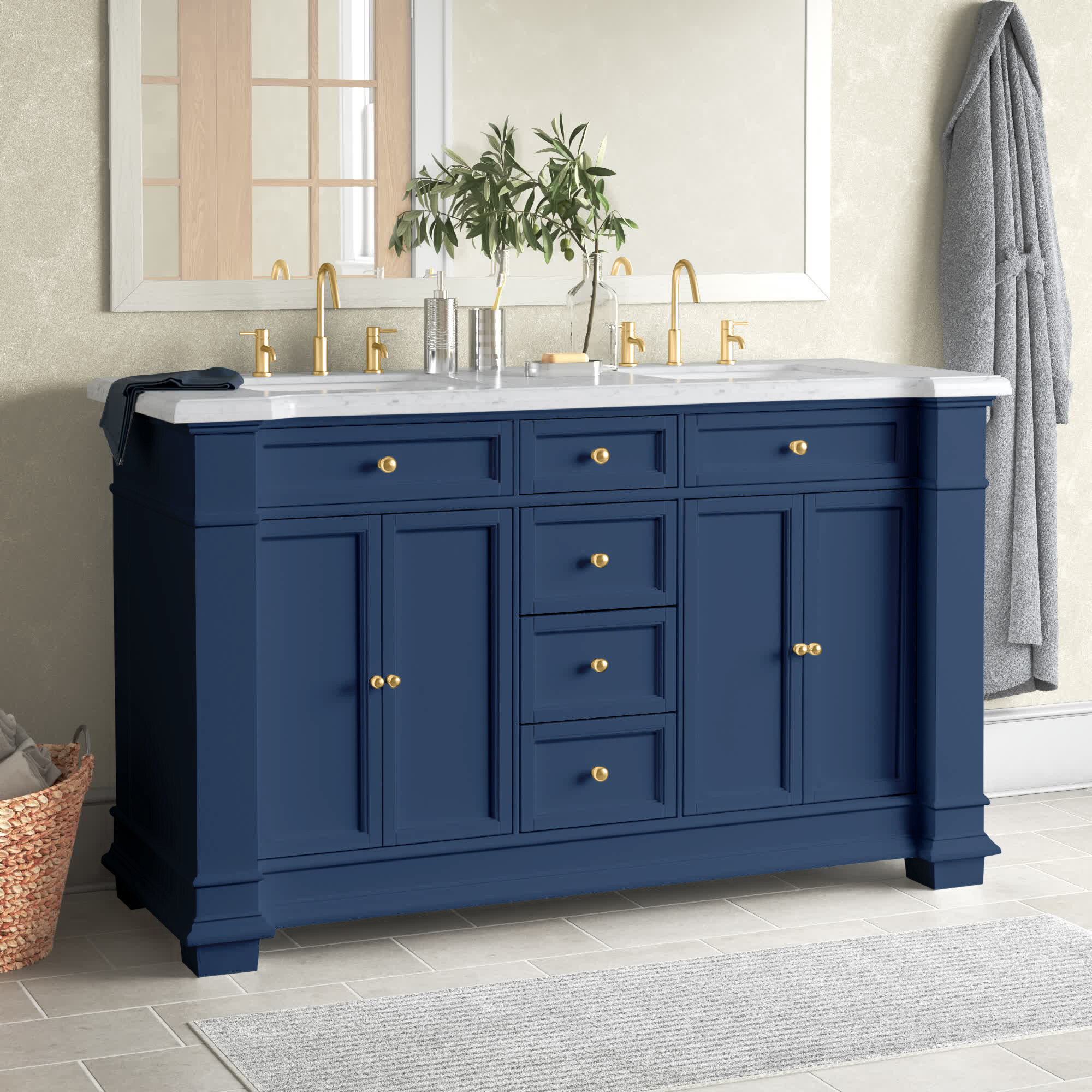 Forclover Solid Wood Bathroom Vanity 60-in Navy Blue Undermount Double Sink  Floating Bathroom Vanity with White Quartz Top in the Bathroom Vanities  with Tops department at