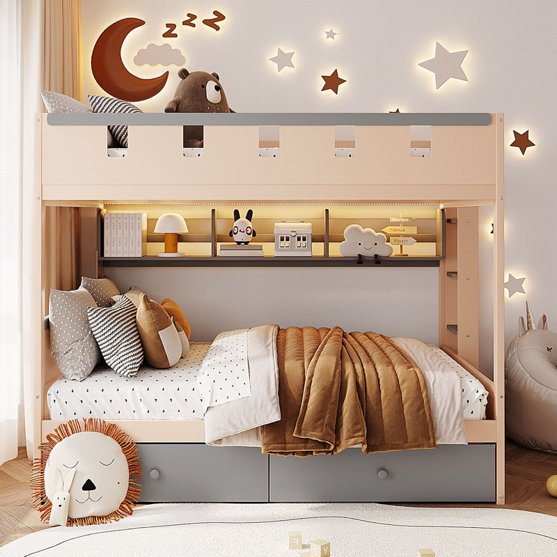 Lit superposé de style château avec 2 tiroirs, tablette et DEL, Rose / Gris, Lit double