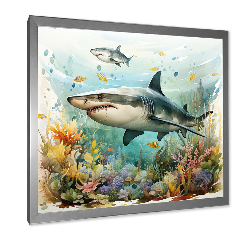 Curious Shark Ocean Blooms III - Shark Wall Art, Silver Single Picture Framed, 36" H x 36" W x 1.5" D