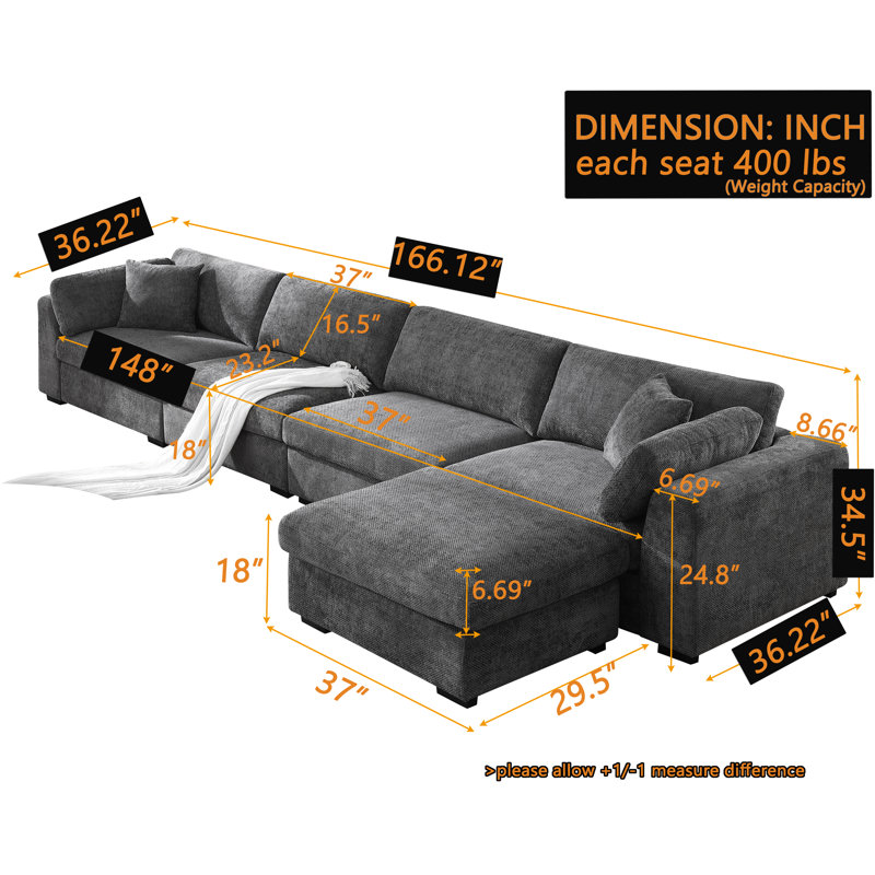 Chenille 5-Seater Upholstered Sofa with Reversible Ottoman & Wide Deep Seat, Dark Gray