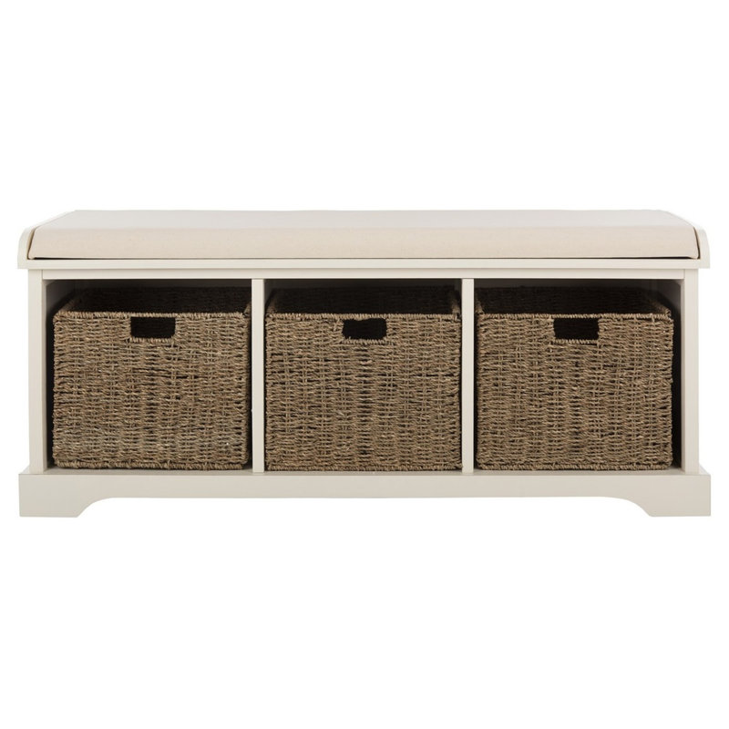 Aniella Faux Leather Upholstered Storage Bench, Pine Wood Woven 3 Baskets for Mudroom & Entryways, White