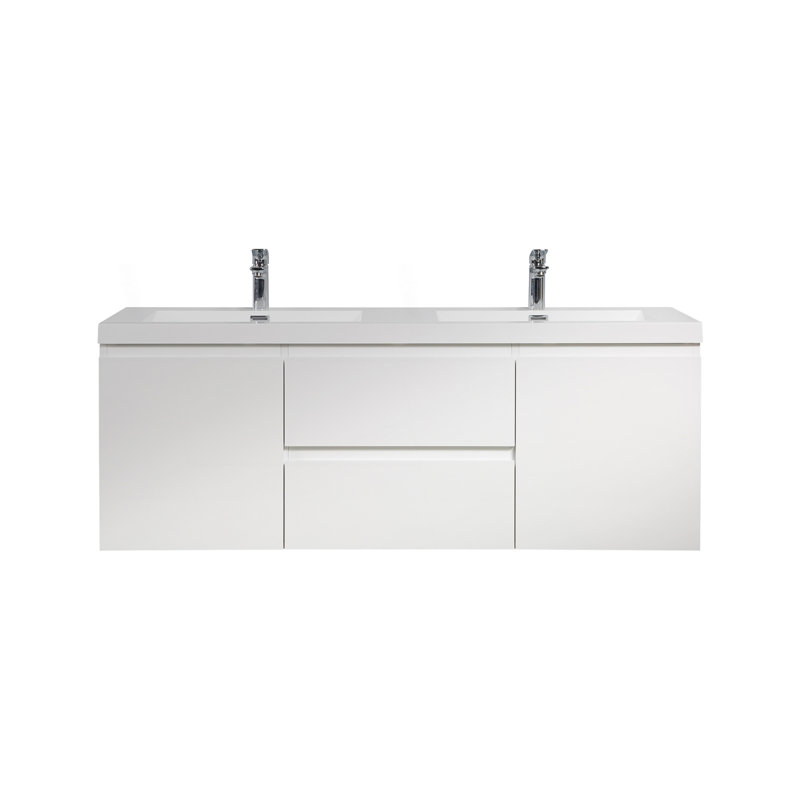 Meuble-lavabo mural flottant avec 2 lavabos, meuble-lavabo mural, Blanc