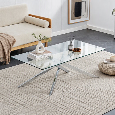 Table basse de 39,37 po rectangulaire en verre trempé transparent, design élégant avec pieds en métal chromé argenté, table basse de salon