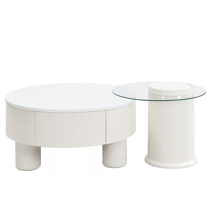 Ensemble de 2 tables basses gigognes rondes avec tiroir de rangement, table centrale, Blanc cassé