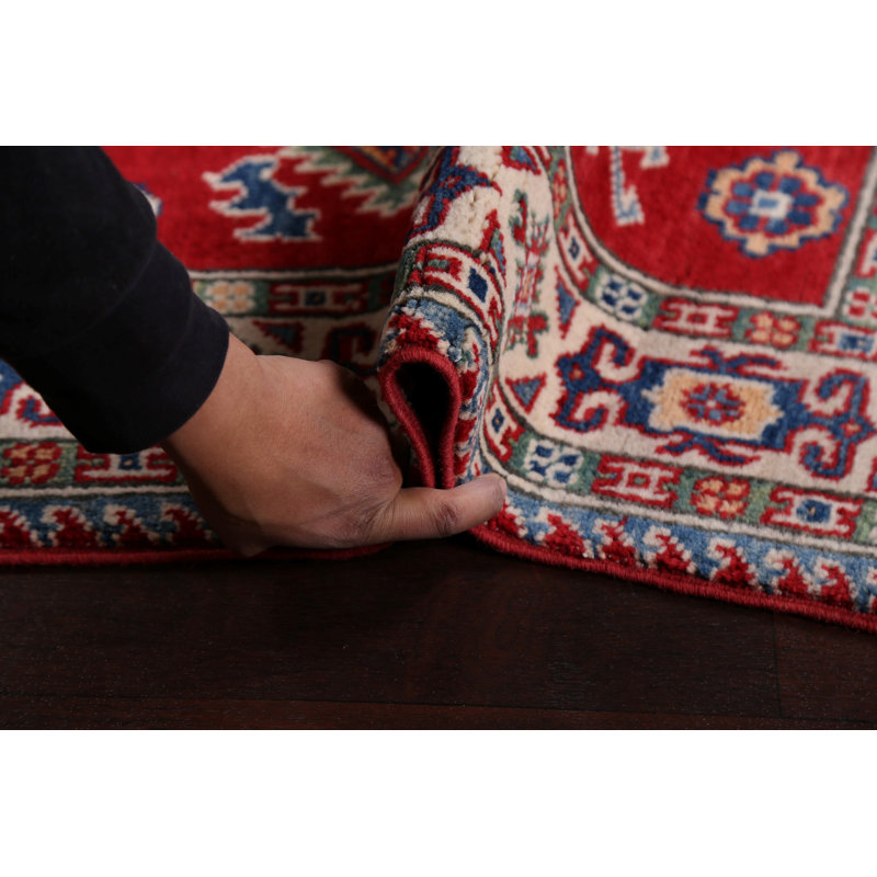 Tapis rouge en laine noué à la main de conception unique 3 pi 4 po x 4 pi 11 po