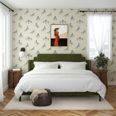 Shelton Sculptured Wingback Platform Bed Frame with Headboard, Olive Green Velvet